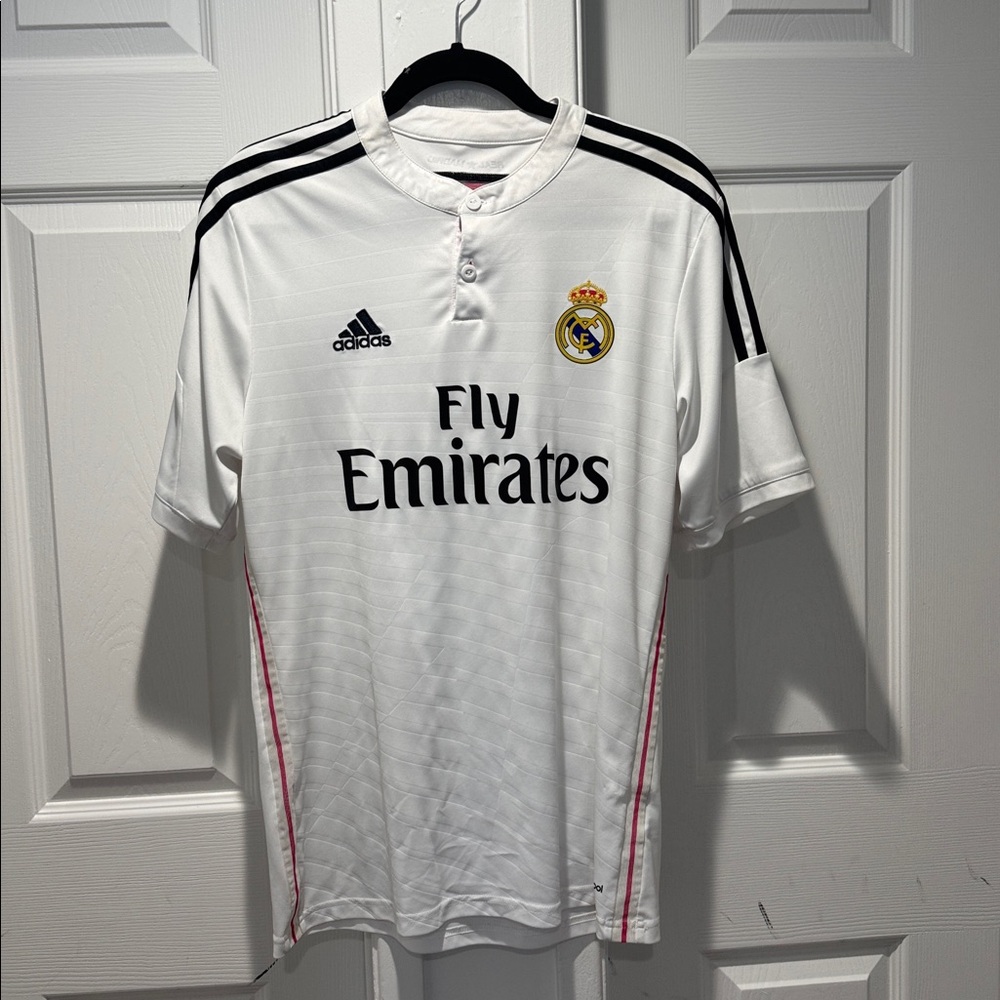 Adidas White Soccer Jersey with Black and Gold Accents